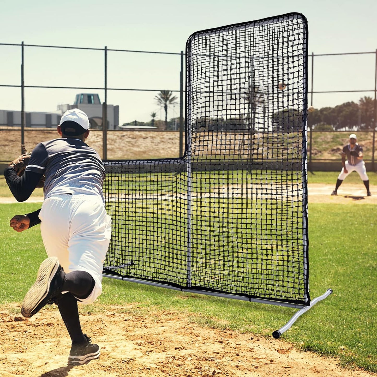 L Screen Baseball Pitching Protective Screen, 7X7FT Baseball Softball Pitcher Safety Protective L Screen (Black Net).