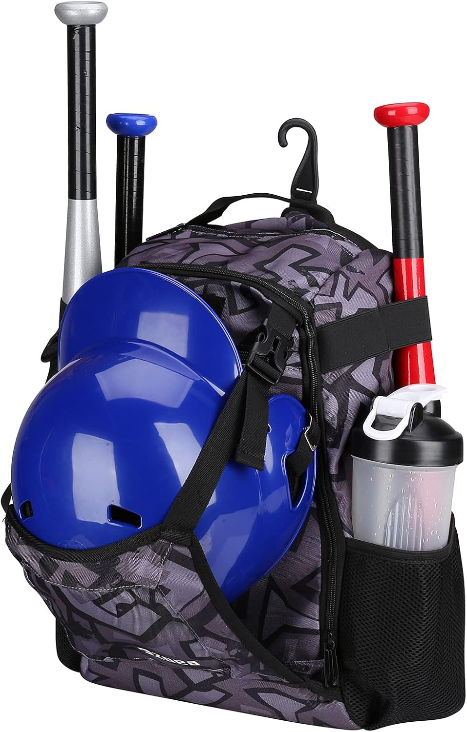 Youth Baseball Bat Bag Backpack, T-Ball & Softball Equipment & Gear for Youth, Large Capacity Holds 2 Bats, Helmet, Gloves, Cleats, Helmet Holder and Includes Fence Hook