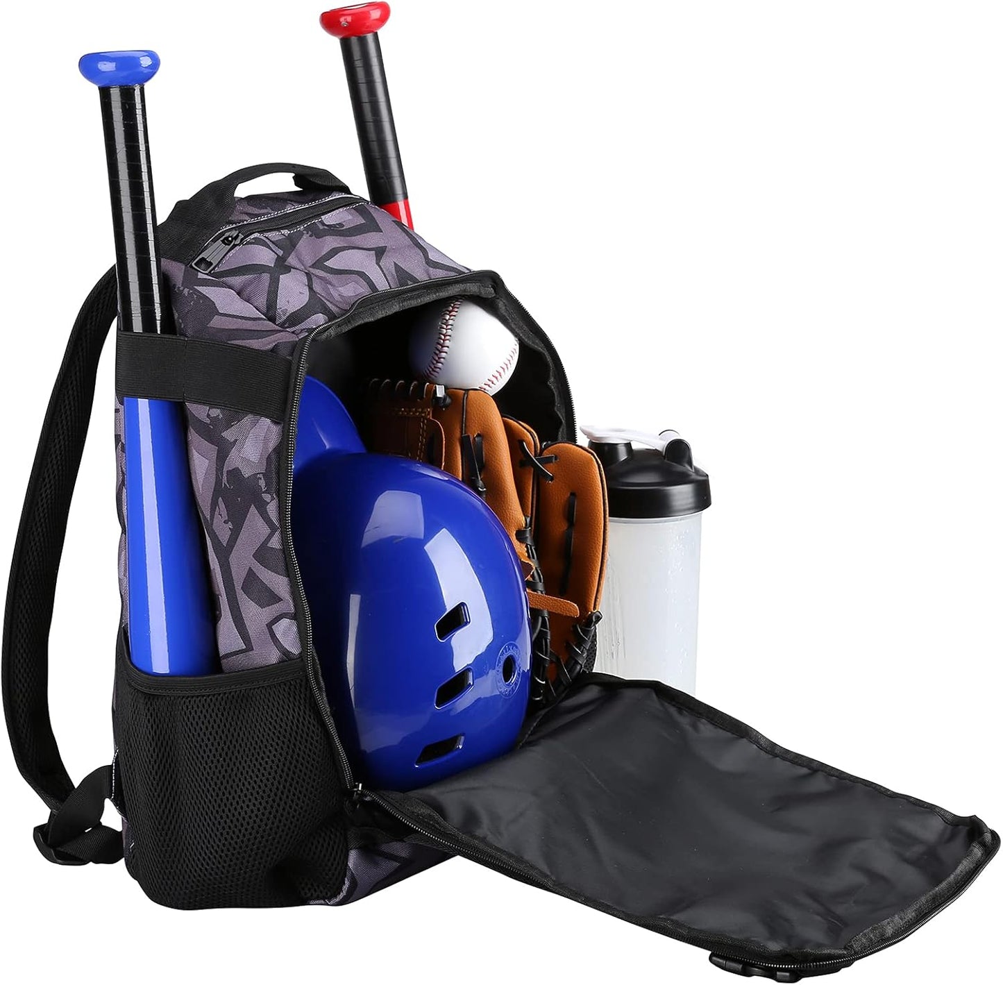 Youth Baseball Bat Bag Backpack, T-Ball & Softball Equipment & Gear for Youth, Large Capacity Holds 2 Bats, Helmet, Gloves, Cleats, Helmet Holder and Includes Fence Hook