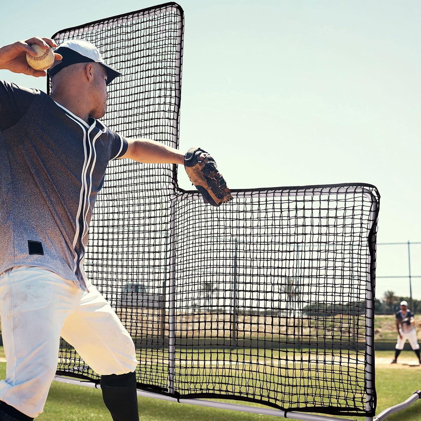 L Screen Baseball Pitching Protective Screen, 7X7FT Baseball Softball Pitcher Safety Protective L Screen (Black Net).