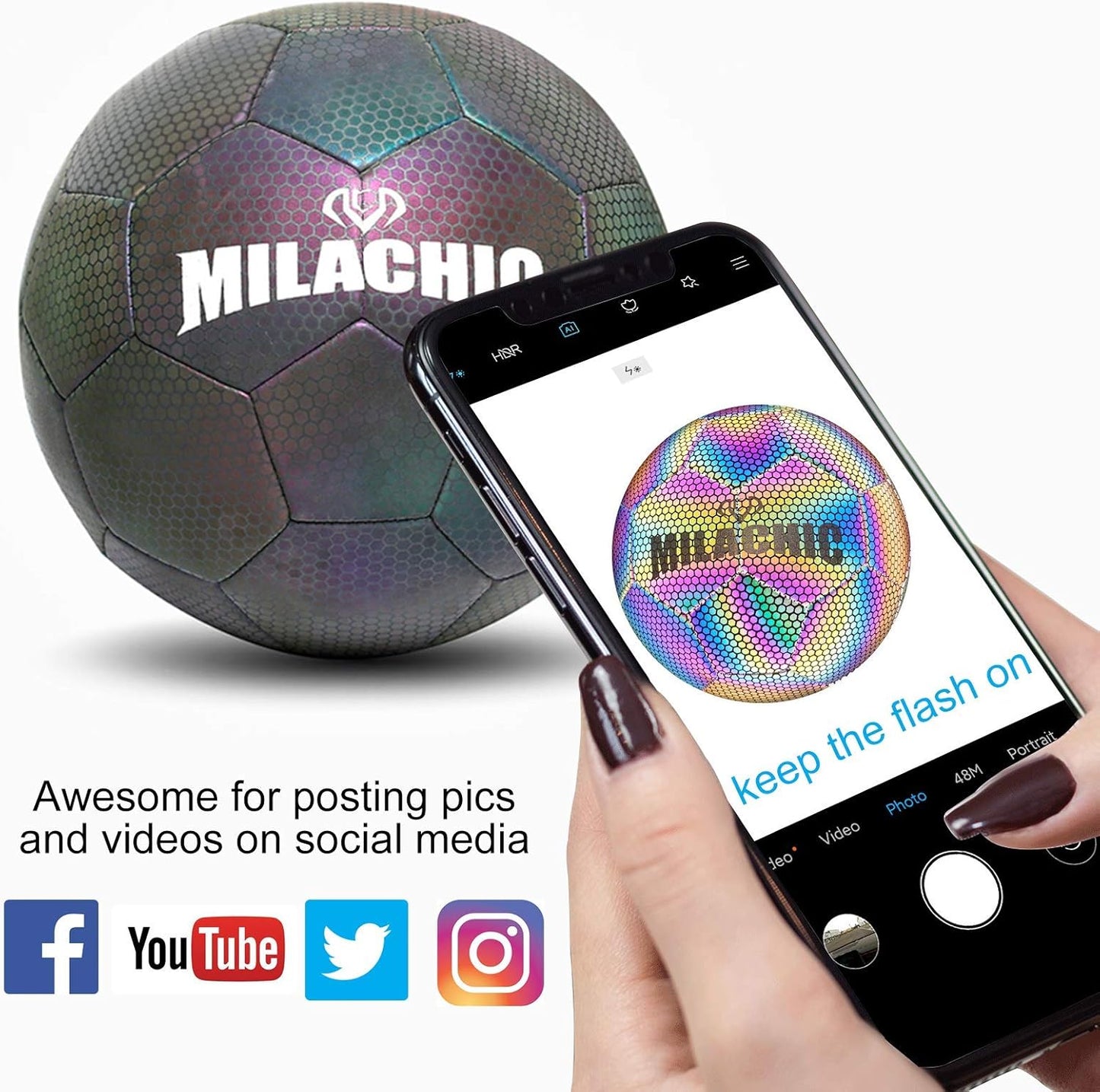 Soccer Ball Size 5, Holographic Reflective Glowing Soccer Ball with Pump, Soccer Ball Gifts for Men, Boys & Girls Indoor-Outdoor Use