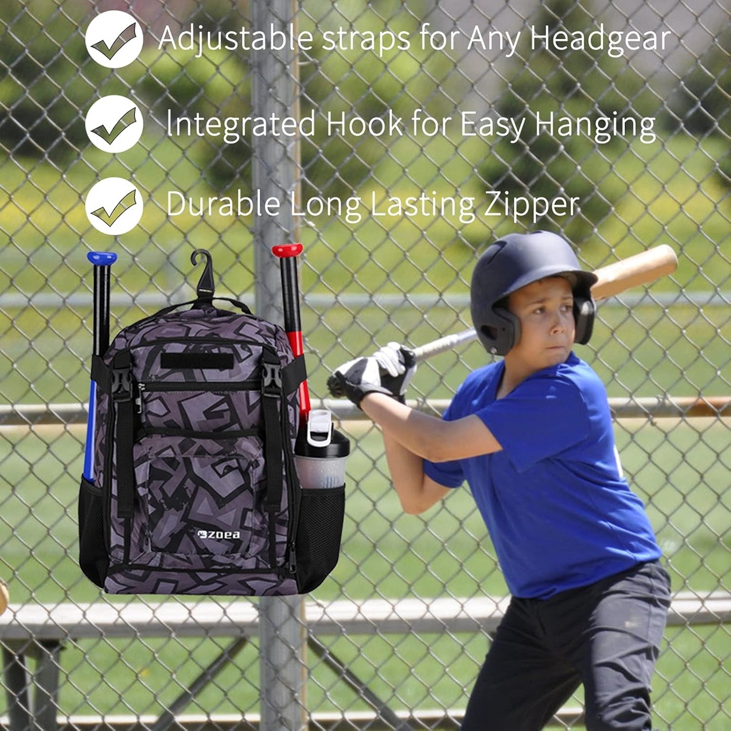 Youth Baseball Bat Bag Backpack, T-Ball & Softball Equipment & Gear for Youth, Large Capacity Holds 2 Bats, Helmet, Gloves, Cleats, Helmet Holder and Includes Fence Hook