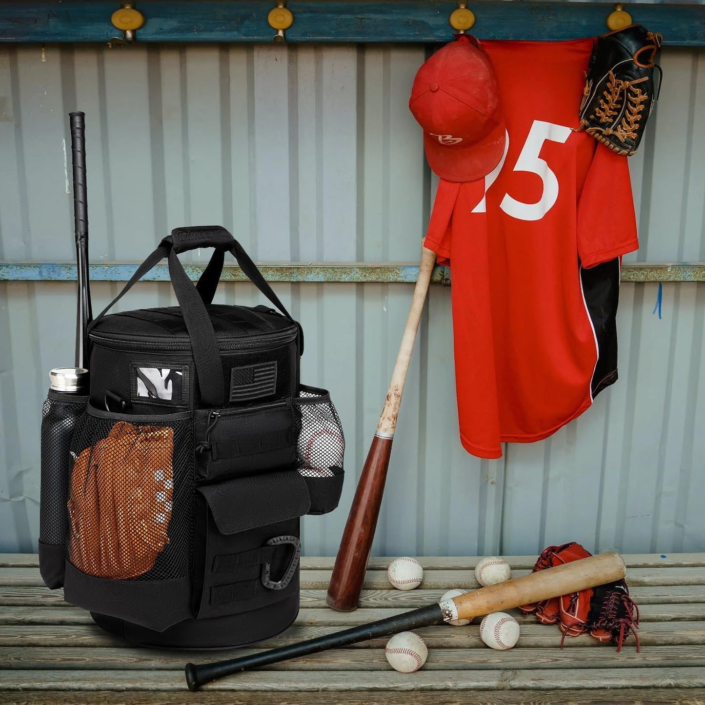 Baseball Bucket Bag Baseball Coaching Accessories Organizer Tactical Style Softball Bucket Bag with Anti-Slip Bottom, Multiple Pockets for Bat, Gloves, Scoreboards