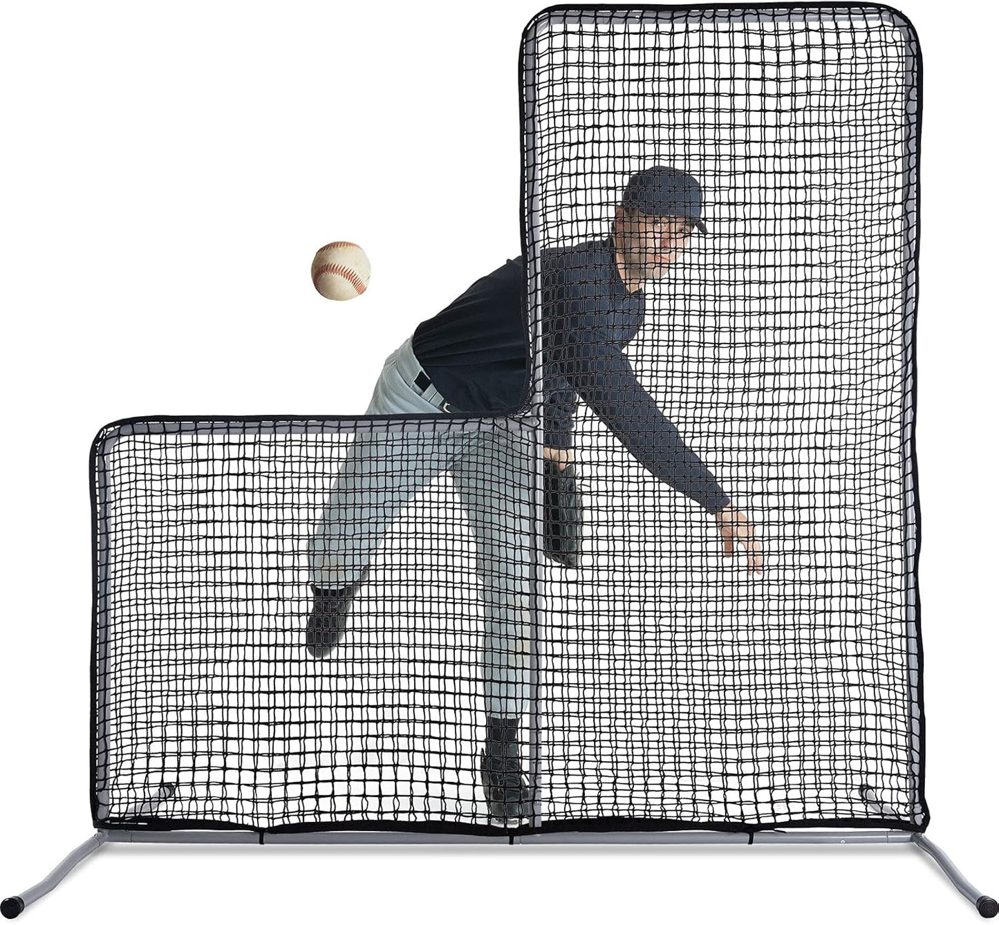 L Screen Baseball Pitching Protective Screen, 7X7FT Baseball Softball Pitcher Safety Protective L Screen (Black Net).
