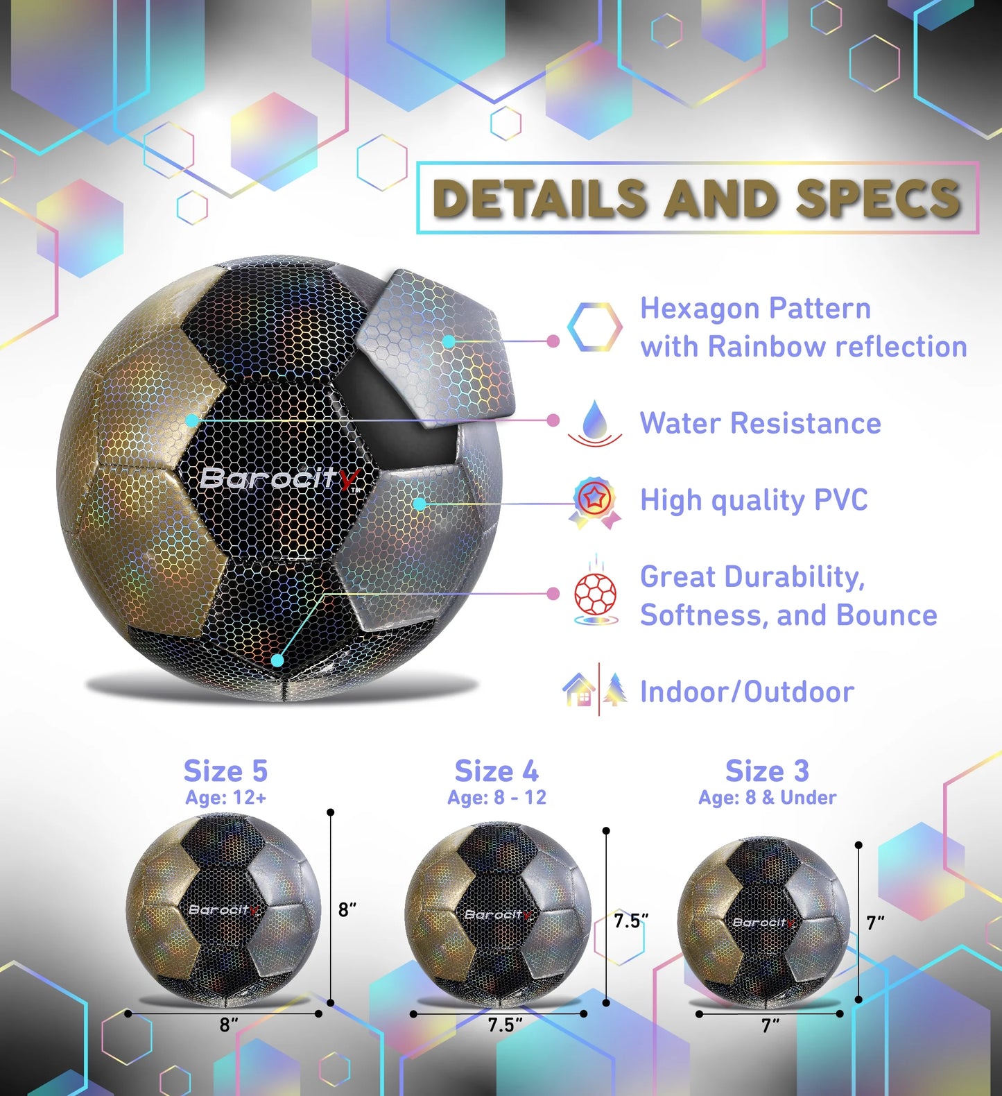 Barocity Mix Silver, Black, Gold Soccer Ball- Premium Soccer Ball Size 3 with Reflective Iridescent Rainbow Hex Pattern, Soccer Ball Boys and Girls, Kids Soccer Ball for Indoor and Outdoor Playtime