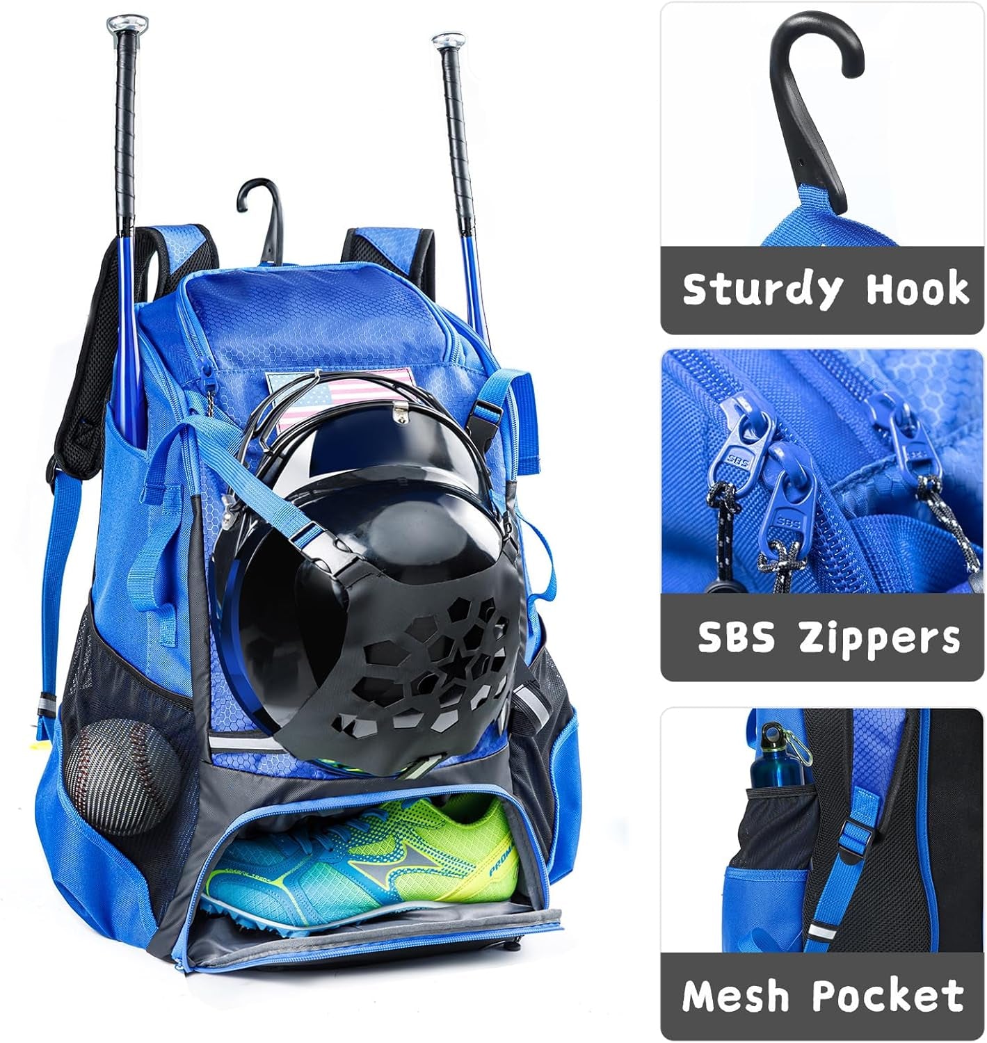Baseball Backpack for Youth, Boys, Adults - Bat and Softball Equipment Bag with Glove Holder, Helmet, Shoes Compartment - T-Ball Accessories and Baseball Gifts