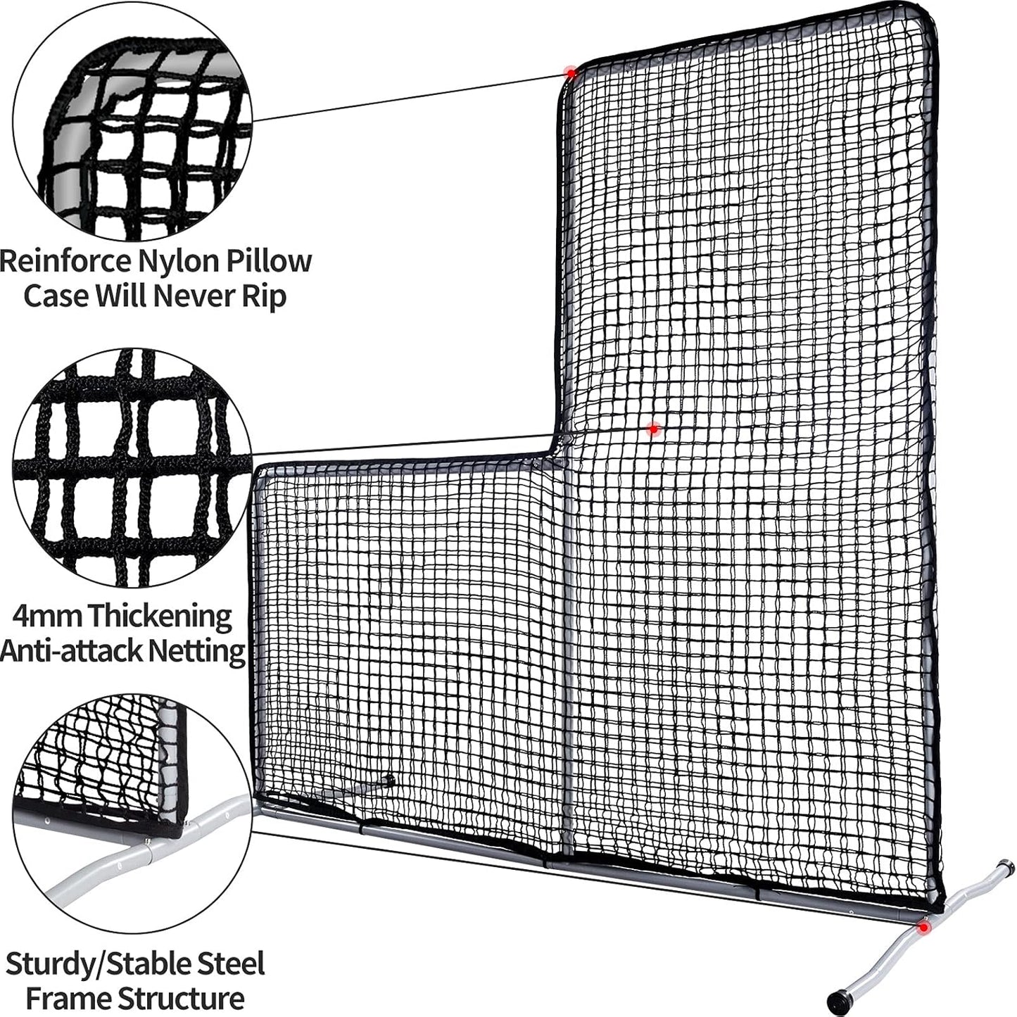 L Screen Baseball Pitching Protective Screen, 7X7FT Baseball Softball Pitcher Safety Protective L Screen (Black Net).
