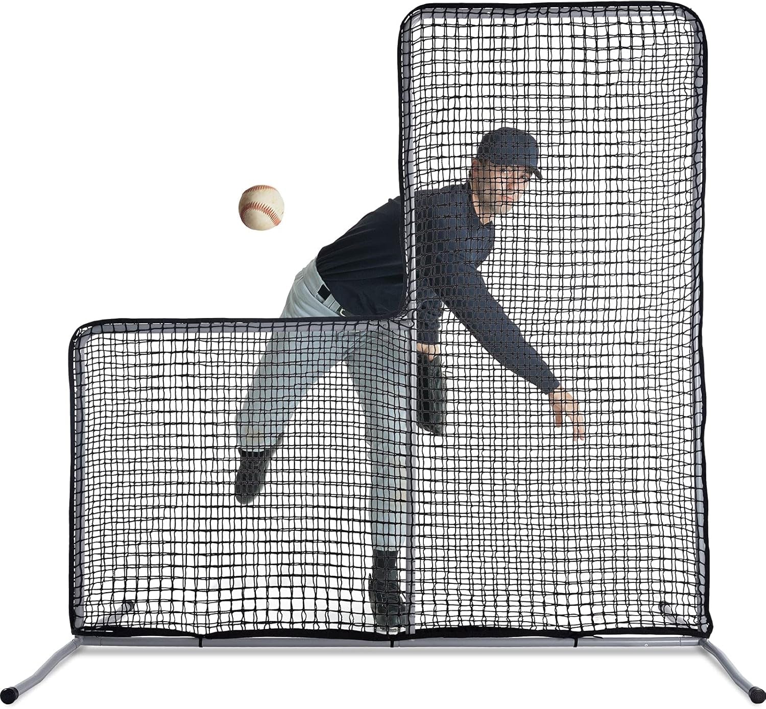 L Screen Baseball Pitching Protective Screen, 7X7FT Baseball Softball Pitcher Safety Protective L Screen (Black Net).